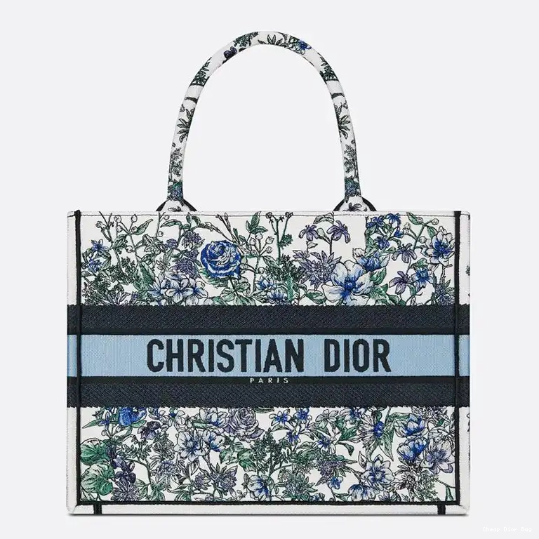Dior Blue Canvas Flowers Motif Book Tote White Constellation 0504